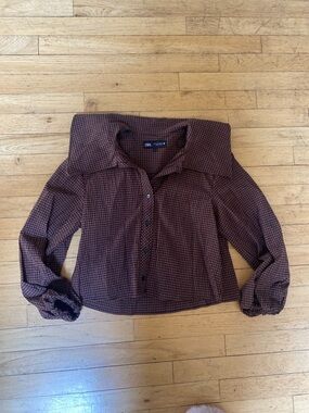 Zara brown/black checkered button down blouse. Size small